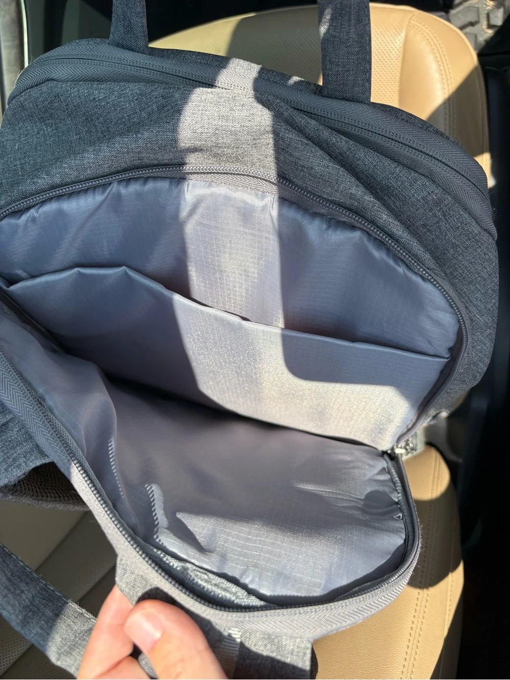 Gray Sleek Travel Backpack Camera/Labtop 17” Leather details